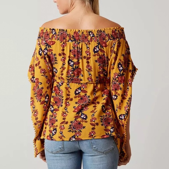 Coco + Jaimeson Boho Chic Off The Shoulder Mustard yellow retro floral Fall M - Picture 2 of 15